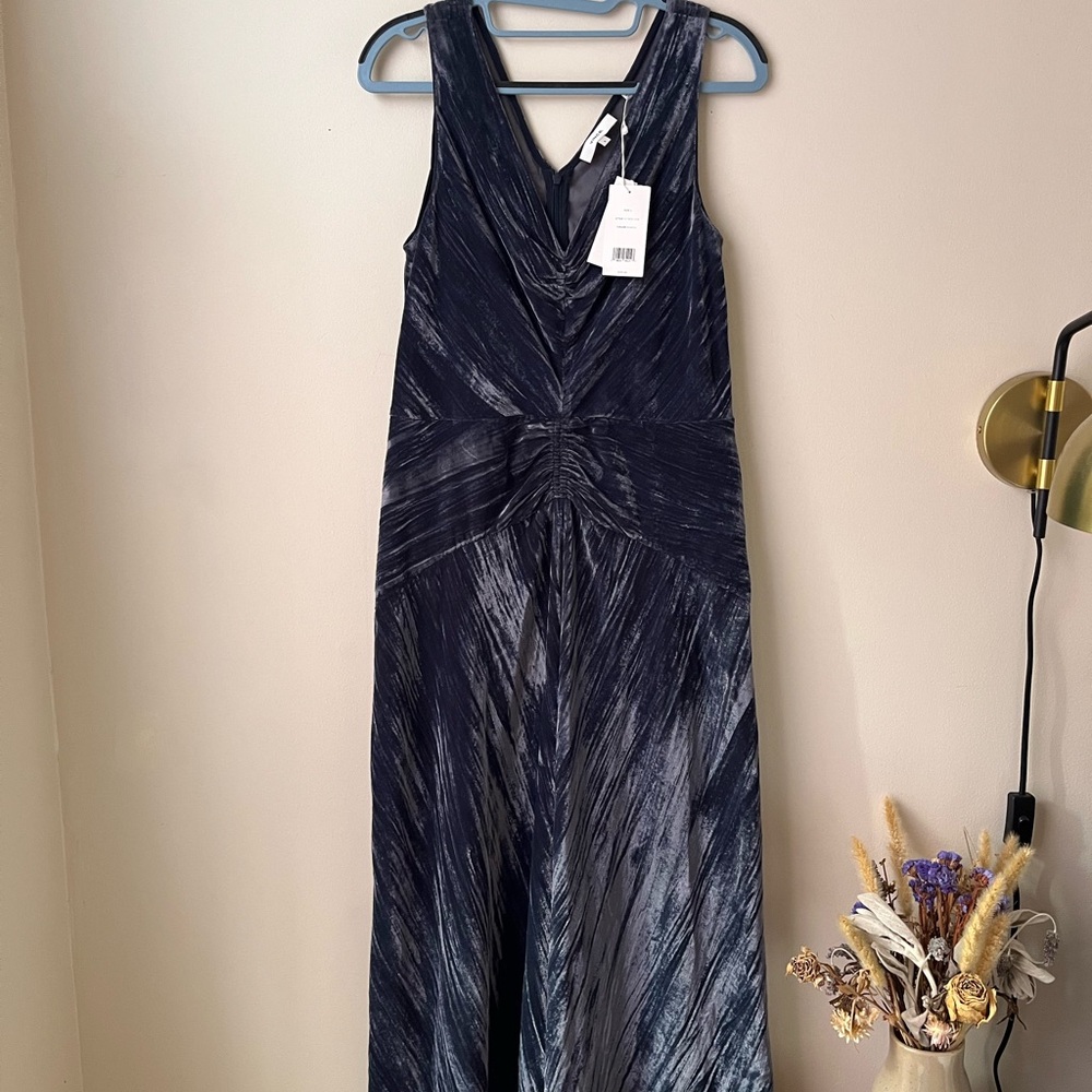 NWT Vince V-Neck Pleated Ruched Blue Velvet Dress